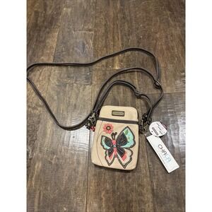 CHALA NEW Butterfly Flower Cellphone Convertible Crossbody Wallet Purse~Tan Boho